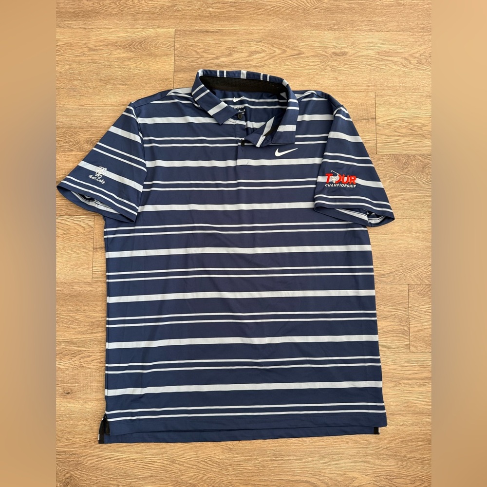Nike Men's Tour Championship Navy and White Striped Polo